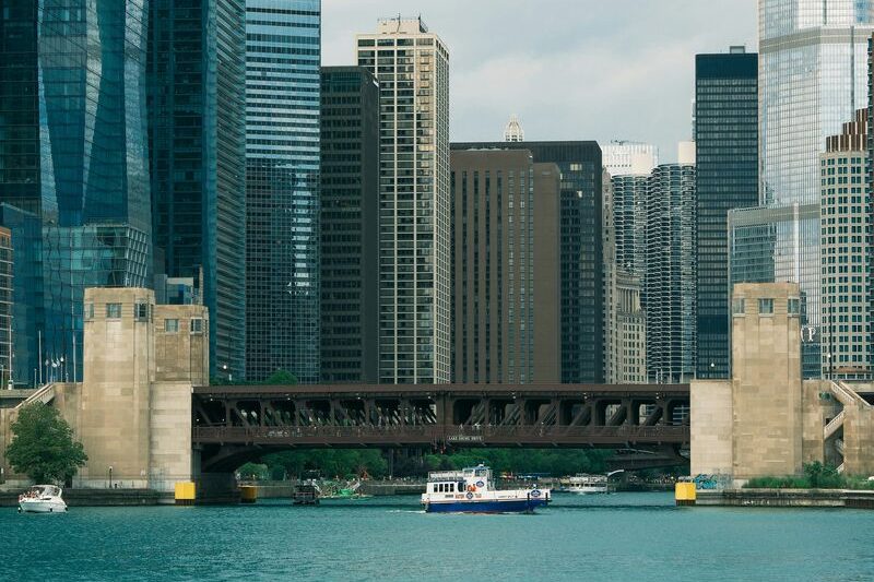 The Chicago skyline reflected in the Chicago River