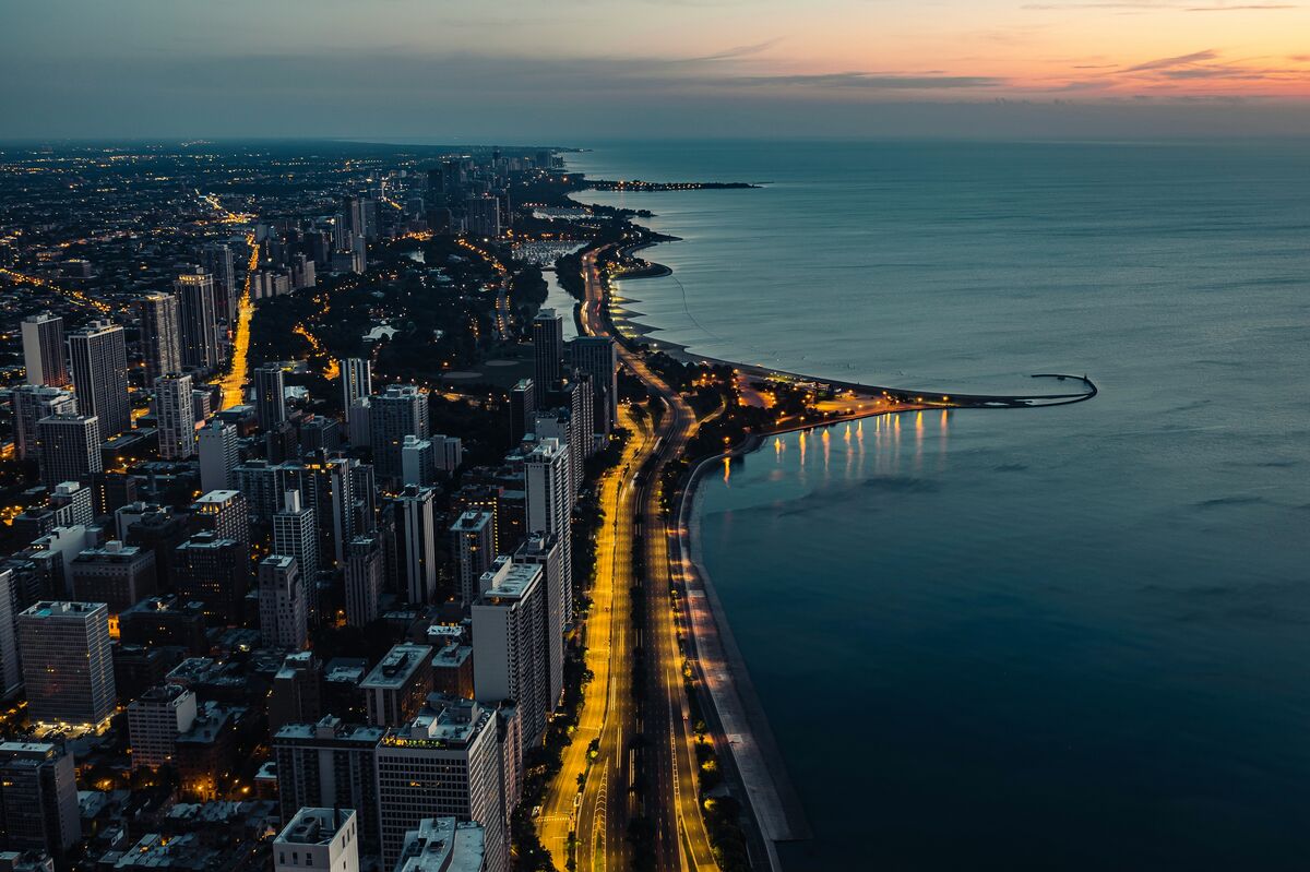 Lake Michigan shoreline in golden light, along Illinois's eastern edge